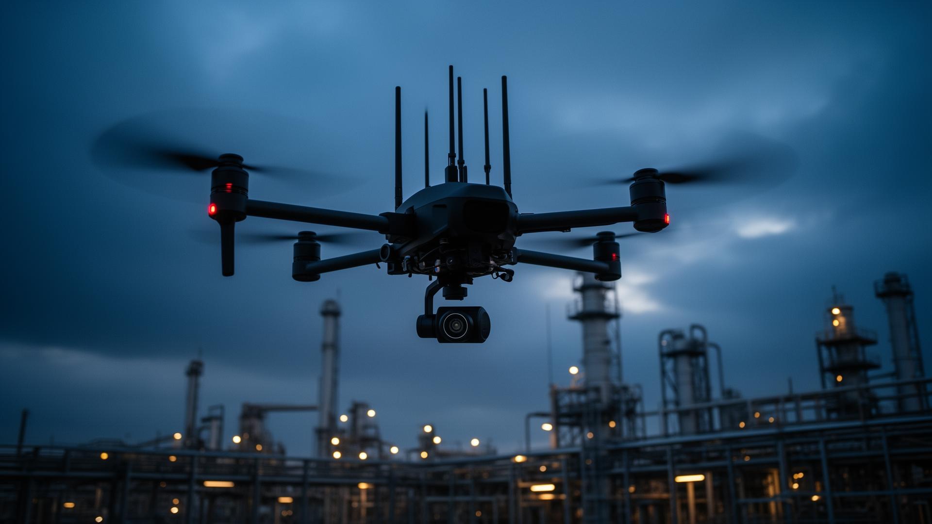 AI surveillance drone hovering over a critical infrastructure facility at dusk