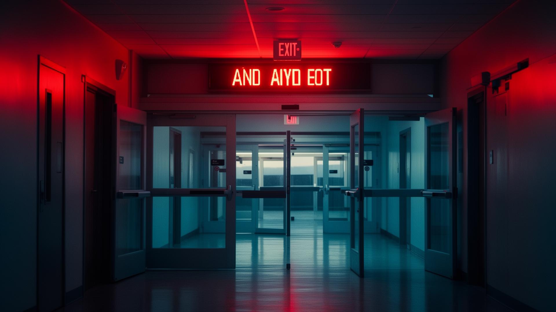 Hospital corridor under automated lockdown with red emergency alerts