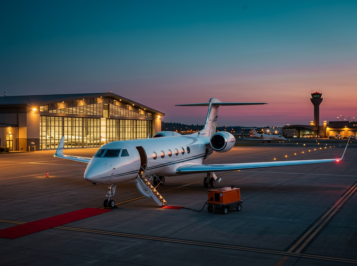 Private jet on FBO ramp at dusk