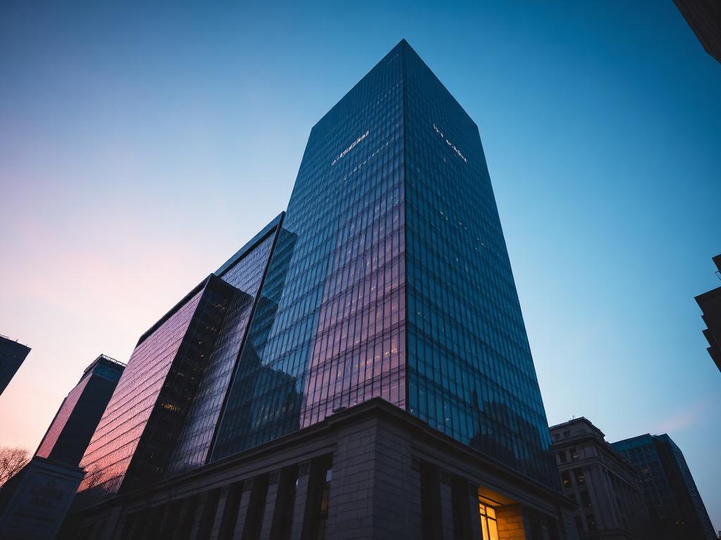 Downtown bank skyscraper at blue hour