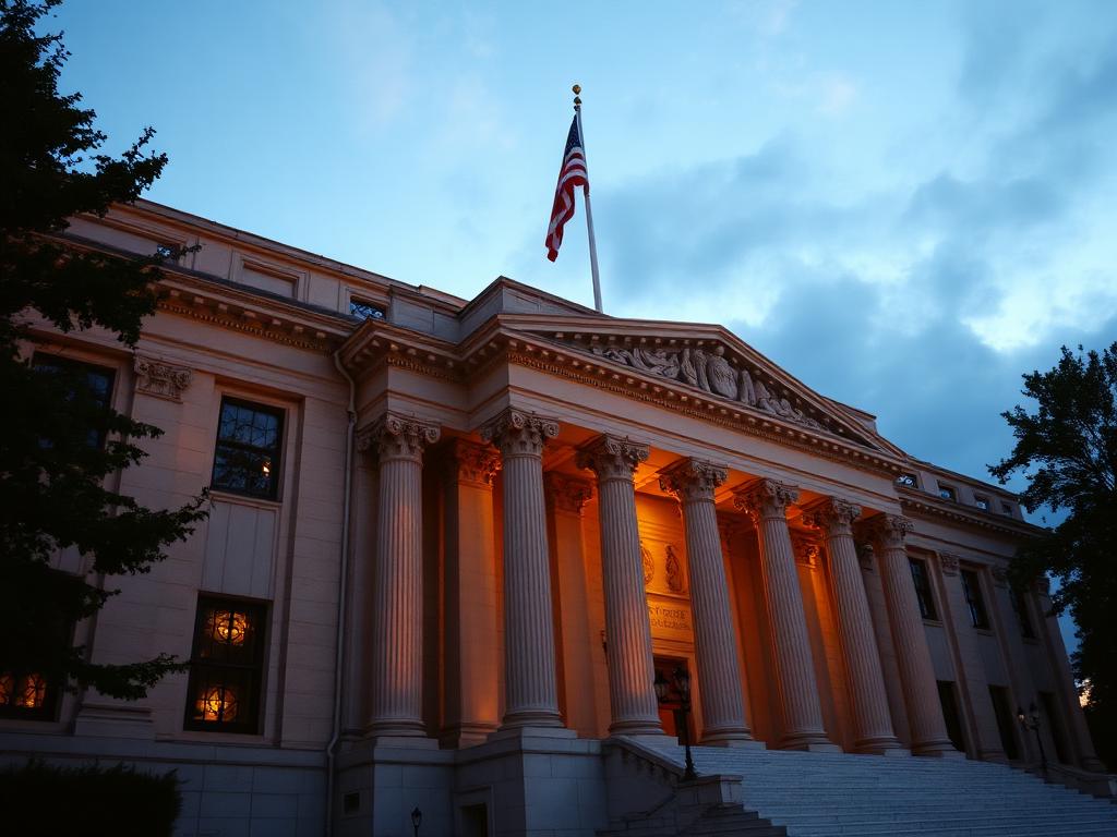 Federal government building with American flag at dusk