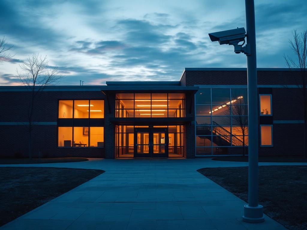 School campus at dusk with perimeter security camera